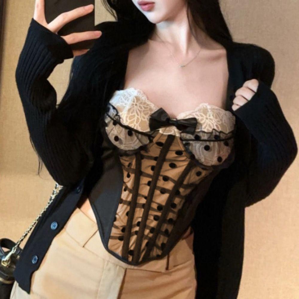 Slim fit Lace Corset Dots Suspender Vest Elastic Crop Tops Ladies