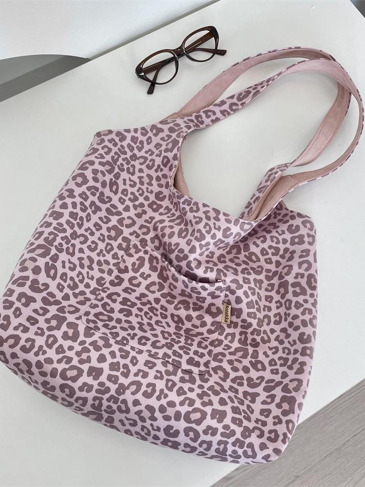 Korean Retro Leopard Print Suede Shoulder Bag - Chic Double-Sided Tote for Early Autumn