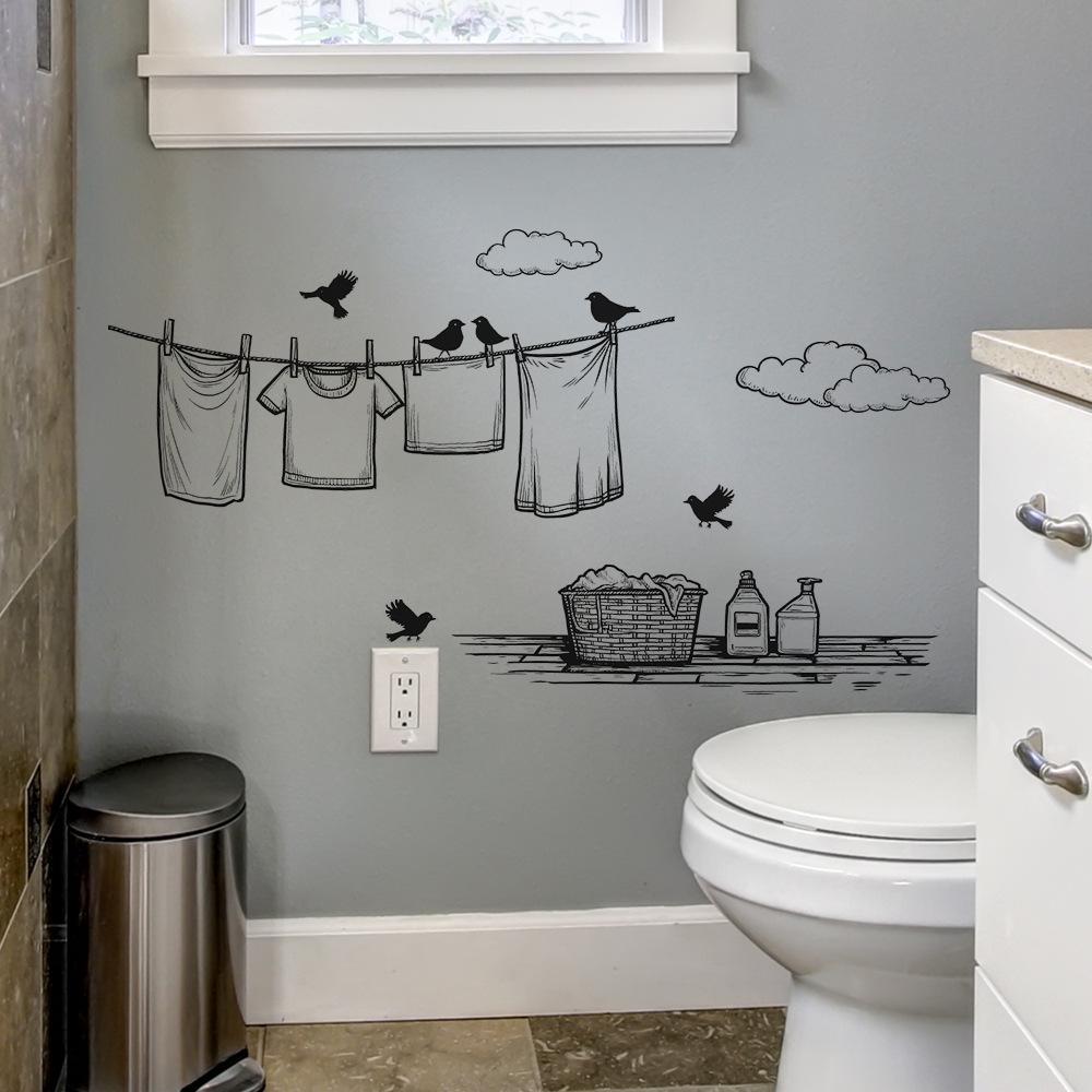 Cartoon Einfache Wäscheleine und Wolke Vogel Waschküche Heimdekoration Wandaufkleber