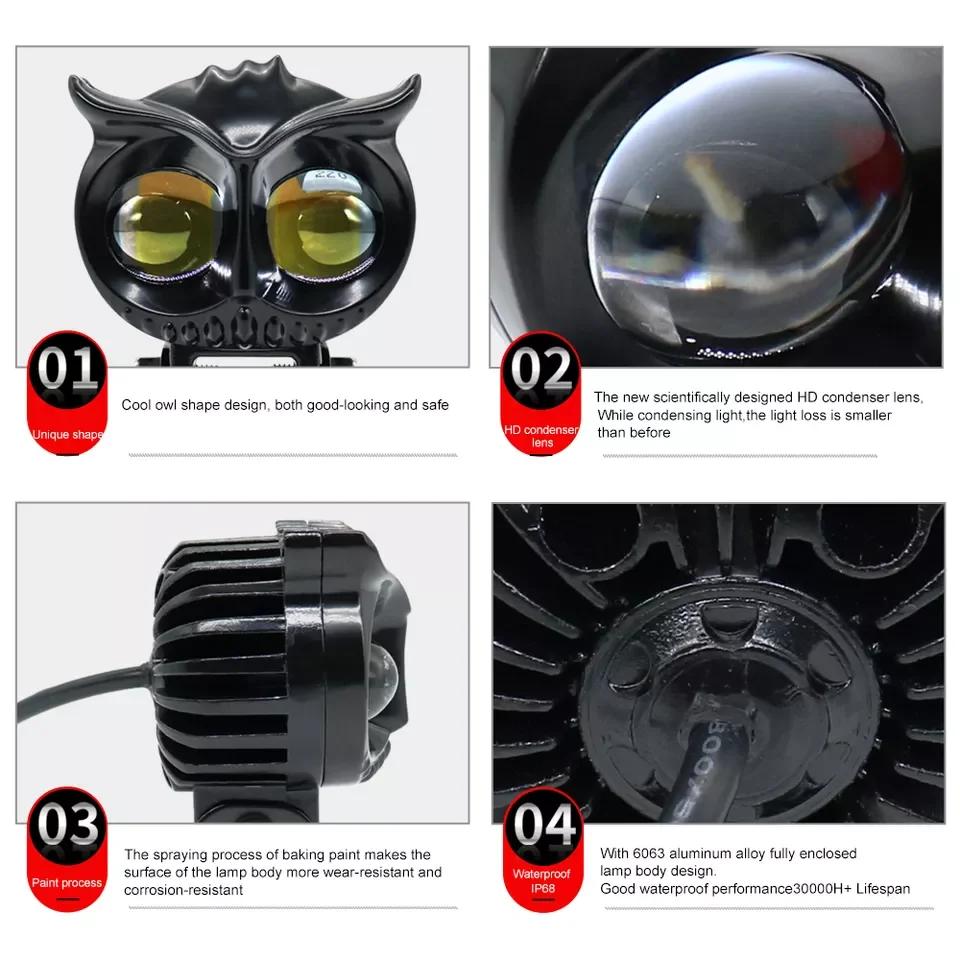 Motorcycles Led Headlight Fog Light Car Dual Color Owl Design Head Light ATV Scooter for Auxiliary Spotlight Lamp Accessories
