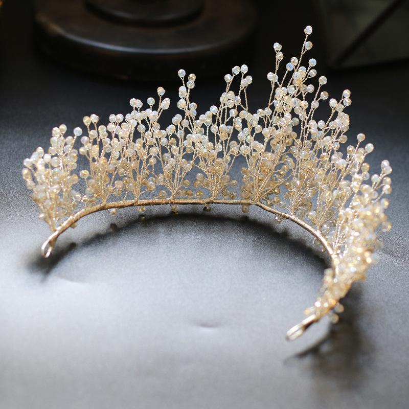 Korean Women's Sweet and Fresh Pastoral Style Fully Hand Wound Crystal Beads Long Crown Bridal Tiara Accessories