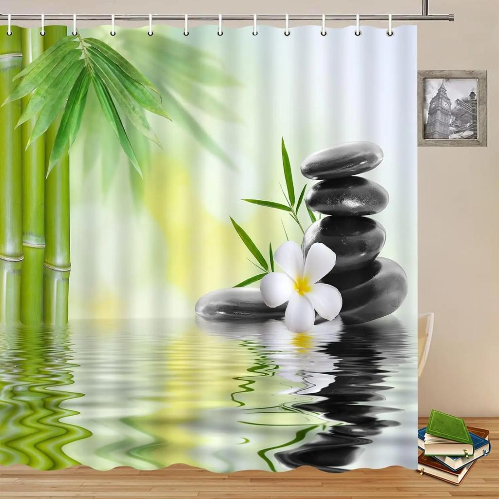 Unframed Bamboo Zen Shower Curtain Green Nature Forest Stone Spa Candle Summer Tropical Bamboo Forest Orchid Bathroom Decor With
