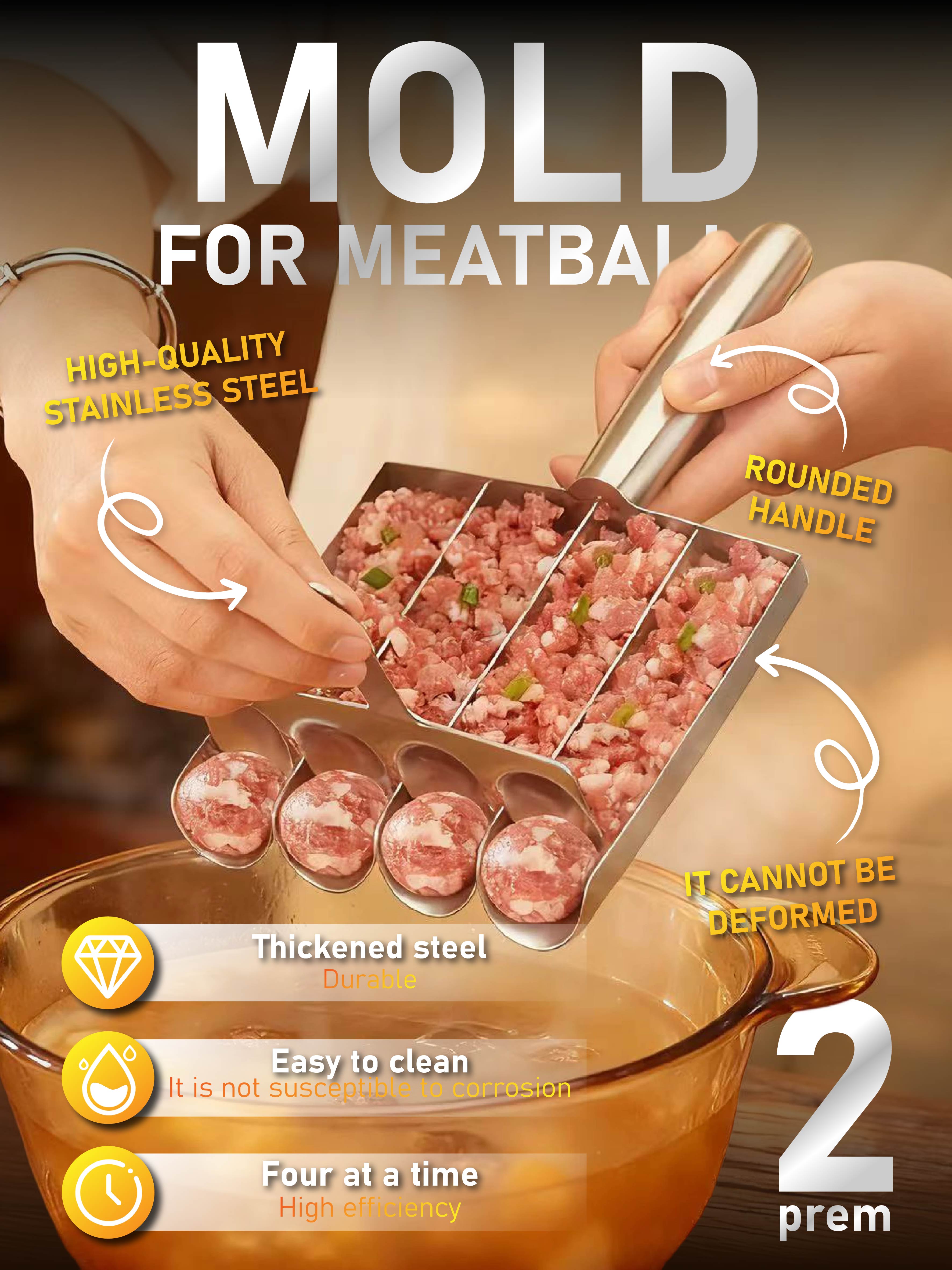 Форма для фрикаделек из нержавеющей стали с 4 ячейками - Утолщенный прочный инструмент для приготовления фрикаделек с закругленной ручкой (Высокая эффективность)