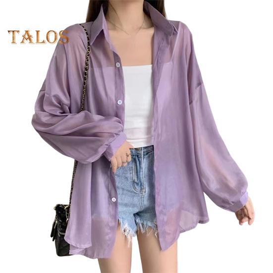 Women Shirt Lapel Long Sleeve Single Breasted Shirt Tops Solid Color Loose Fit See-through Glossy Fabric Sunscreen Thin Shirt