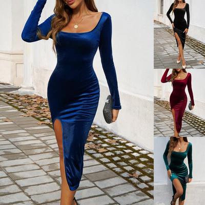 Elegantes Damen-U-Ausschnitt-Schlitzkleid - Herbst/Winter Unifarben Kollektion 2024
