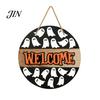 Halloween Door Sign Hanging Sign, Wooden Front Hanger Wreath, Cute Holiday Decoration Ghost Welcome for Porch Wall Indoor Home Durable