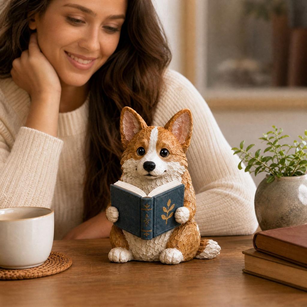 Dog Reading Book Statue Decorative Figurine for Bookshelf Desk Home Decor