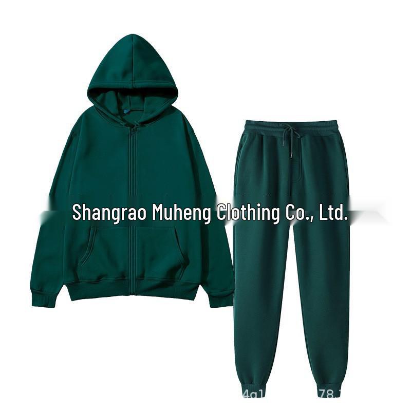 Men's Solid Color Plus Velvet Hooded Sports Set - Zipper Long Sleeve, Warm for Autumn/Winter