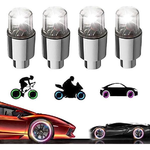4 Pack LED Valve Stem Caps Lights for Car Tires Wheel Assemblies Auto Motion Light up in Dark Air Neon Bicycle Motorcycle Tyre Bike Truck Golf Cart