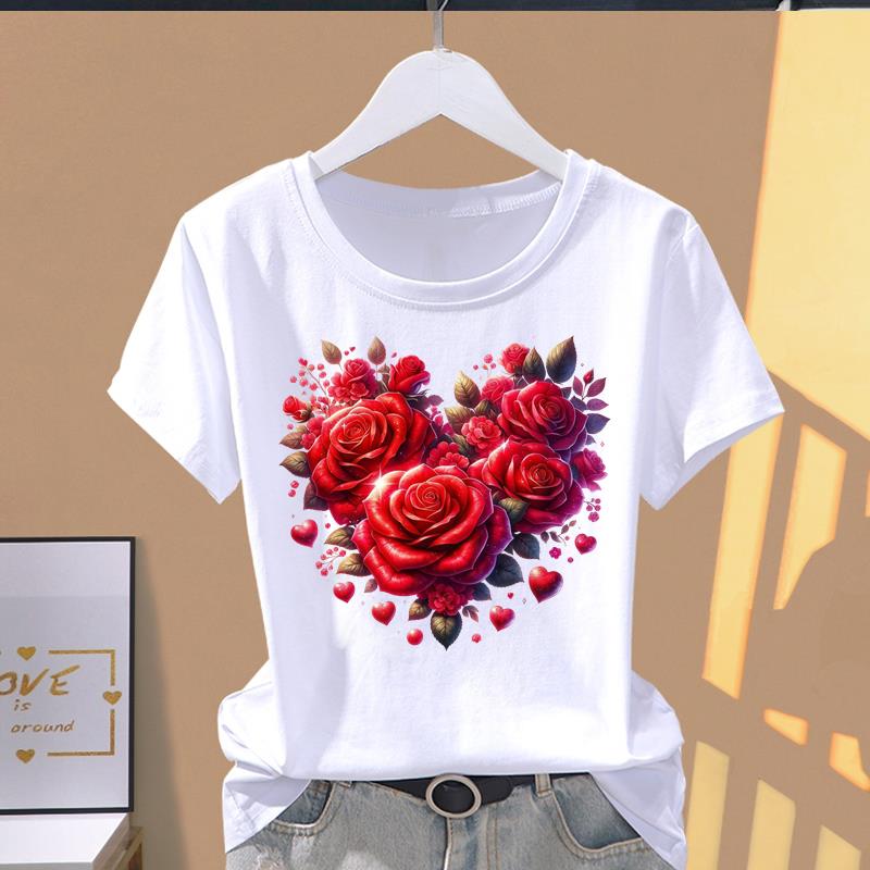 (Asian Size) Style Flower Cute O-neck Casual Clothing Short Sleeve T Shirt Printed T-shirts Fashion Female Women's Top Graphic Tee