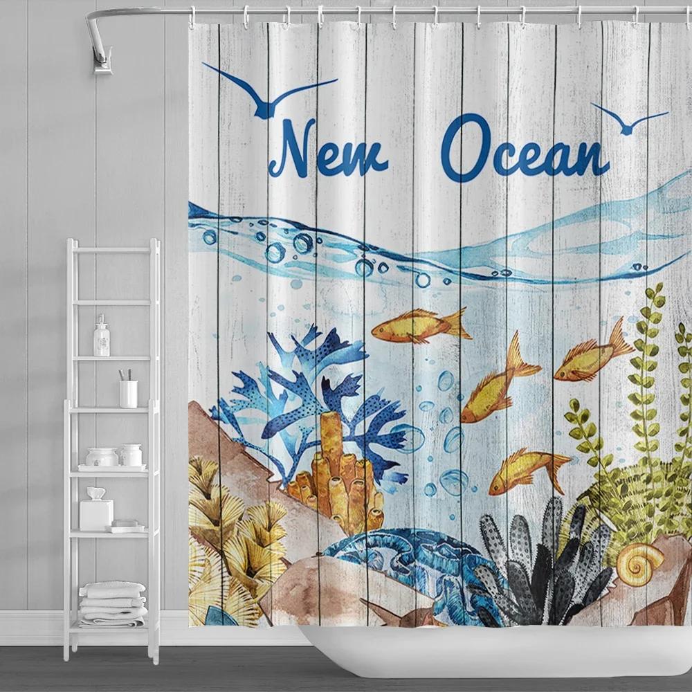 Fun Cartoon Sea Animal Shower Curtain, Sea Turtle Octopus Jellyfish Whale Crab Sea Life Landscape, Bathroom Shower Curtain Set
