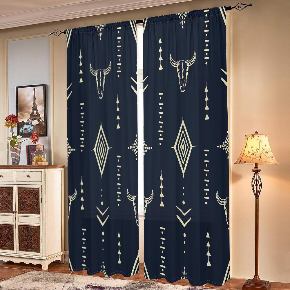 2 Pieces, Ethnic Aztec Cow Head Curtains - Suitable for Living Room, Bedroom, Kitchen and Home Decoration - Add Decorative Fun.
