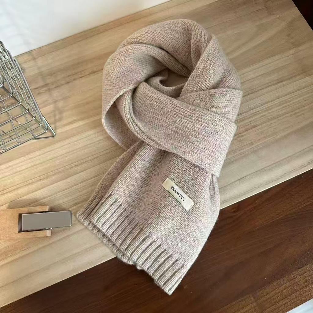100% Wool Knit Cashmere-Style Scarf: Versatile Solid Color for Men and Women, Korean Winter Fashion