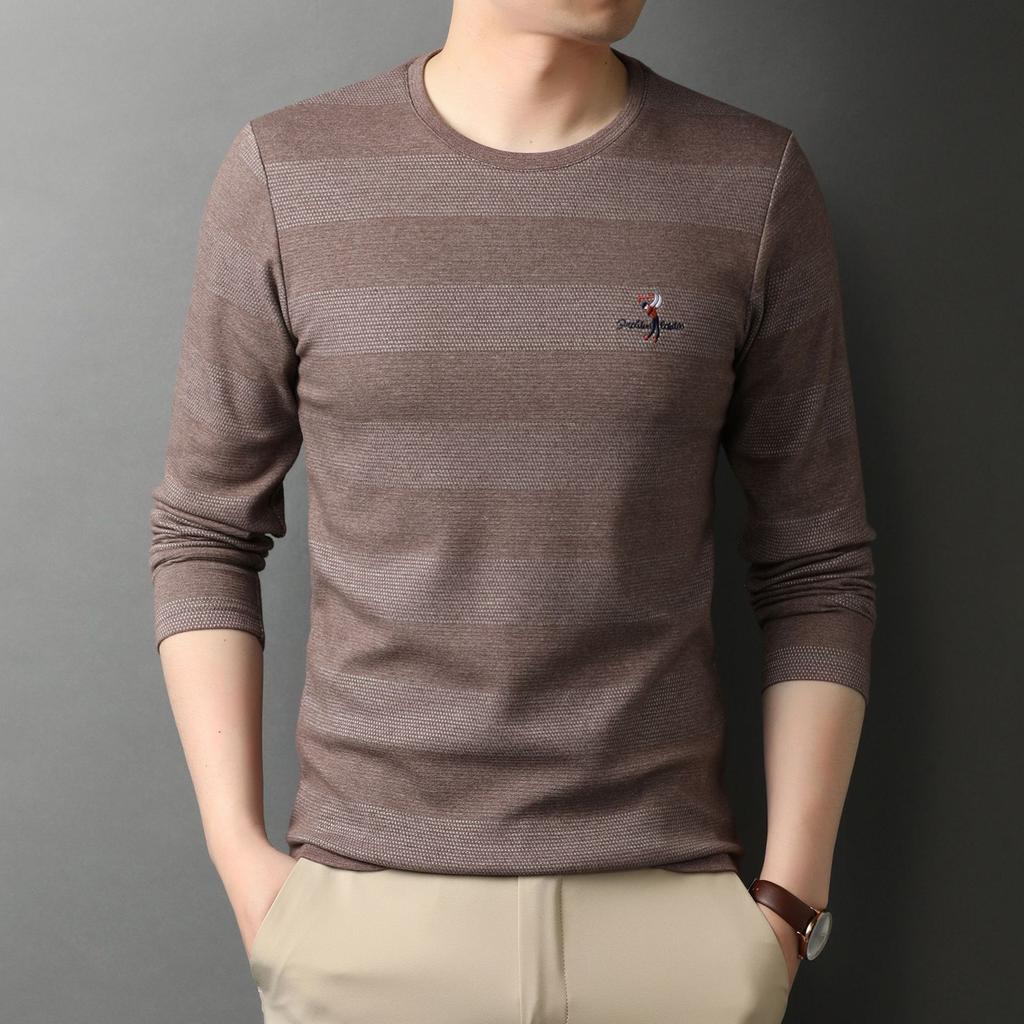 Spring New Embroidered Men's Long-sleeved T-shirt Round Neck Striped Korean Style Fashionable Men's Bottoming Shirt Trendy Tops
