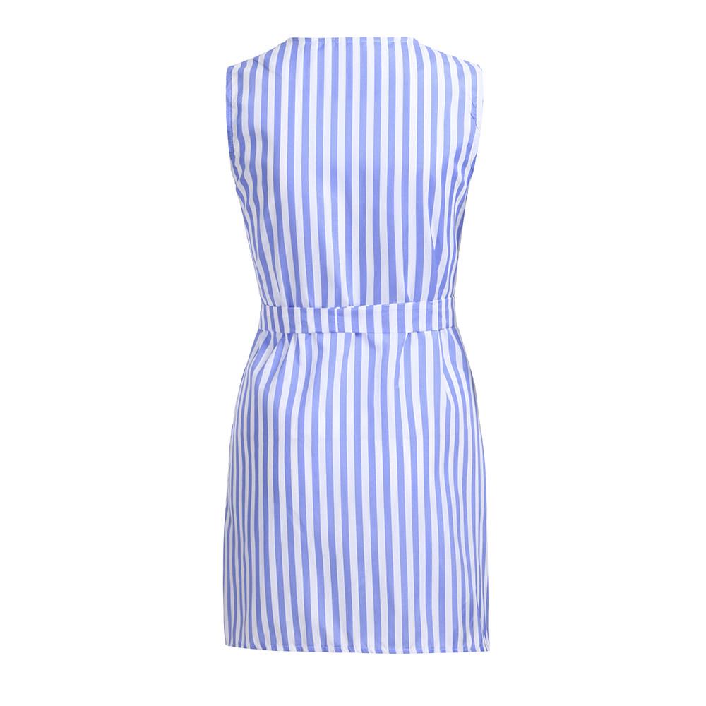 Women Summer Sexy Belt Tie Up Work Office Striped Sleeveless Short Mini Dress