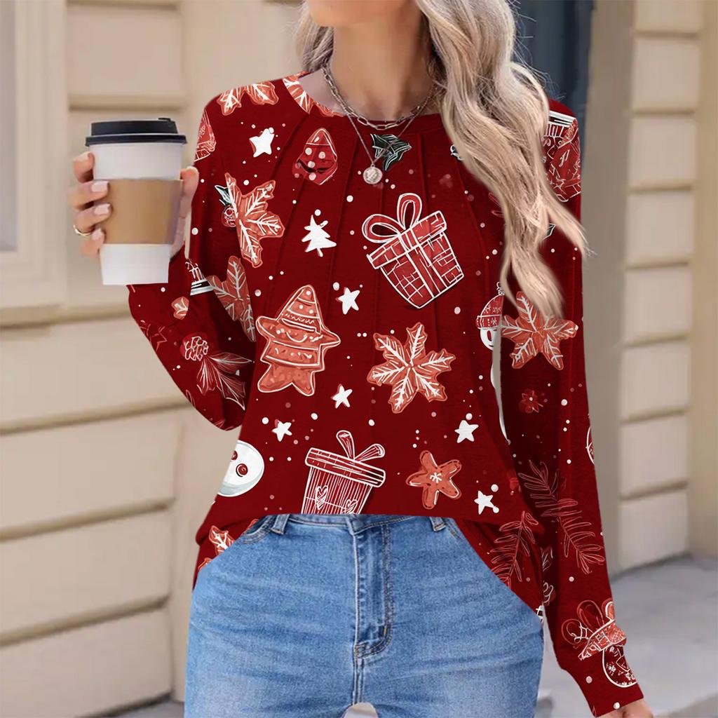 Women's Fashionable Casual Christmas Printed Pleated Comfortable Round Neck Loose Long Sleeve T-Shirt Top