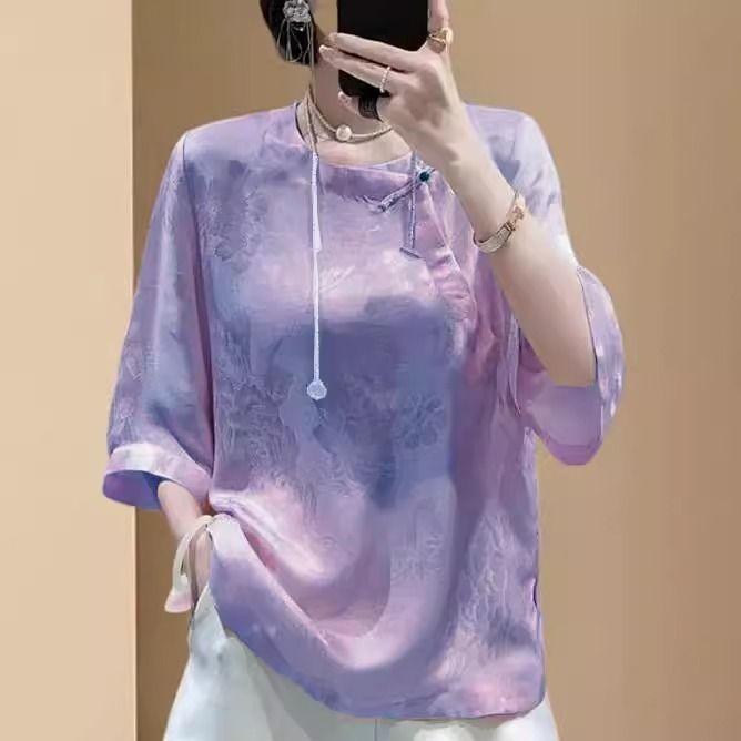 Chinese jacquard shirt new women's summer retro oblique placket round neck seven-point top temperament shirt versatile