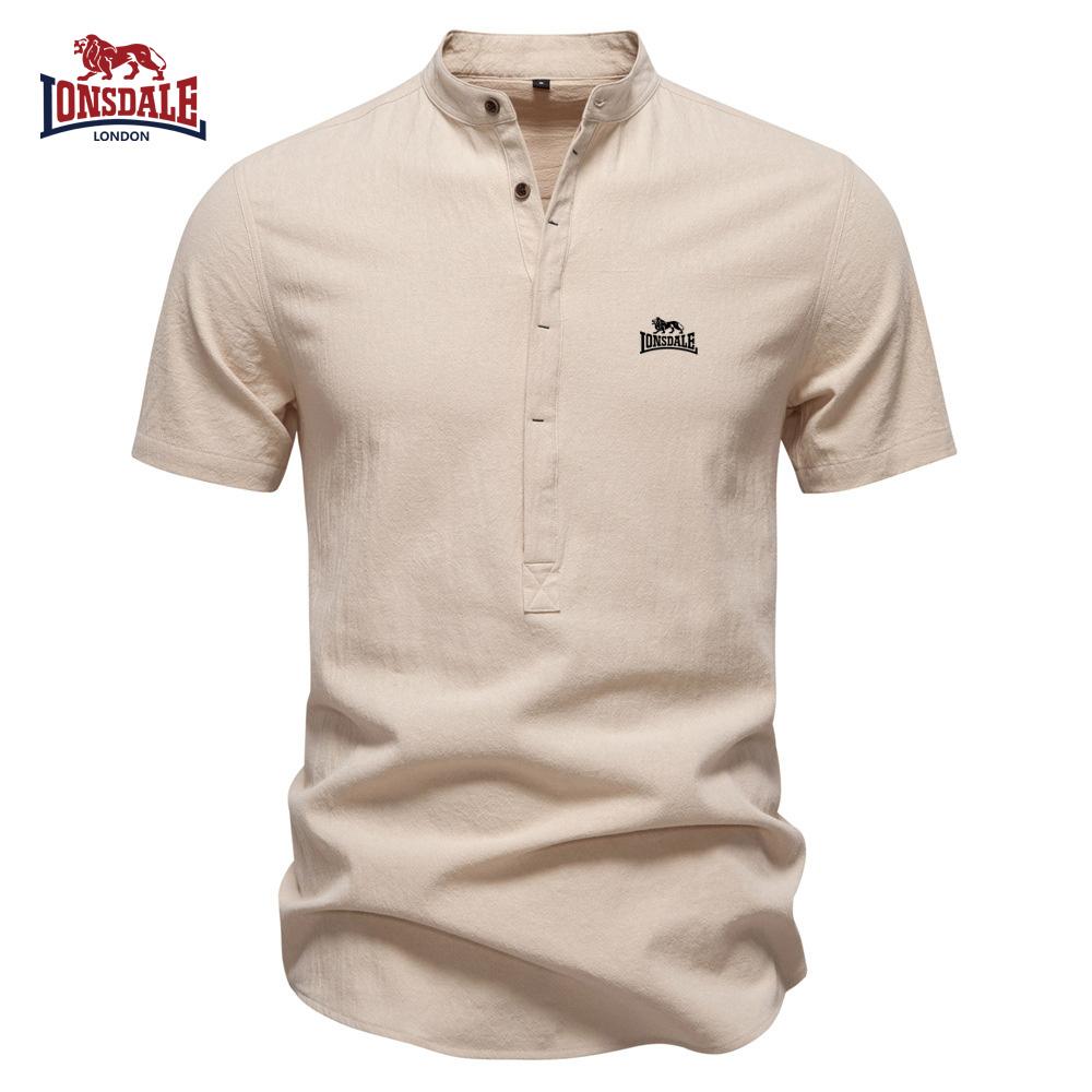 Lonsdale 2026 Summer New Embroidered Business Casual Shirt Men's Short Sleeved Cotton Linen Shirt Stand Collar Cotton Shirt