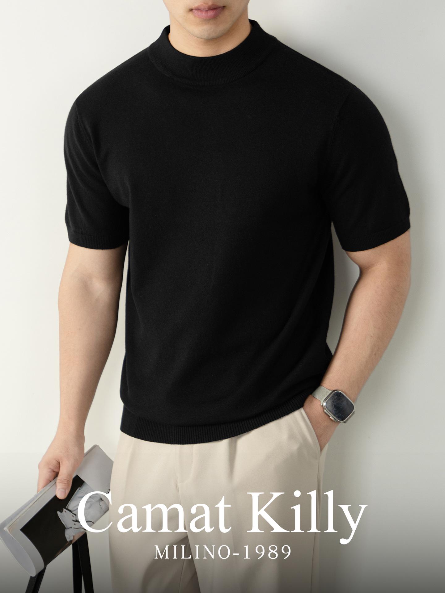 

Elegant Men s Short Sleeve Merino Wool Knit Sweater - Simple Business Half-High Neck M чорний