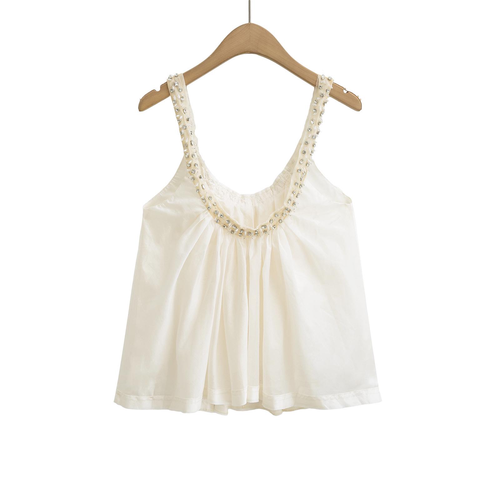 

2025 Spring Women s U-Neck Gemstone Beaded Fluffy Camisole - Versatile Fashion M