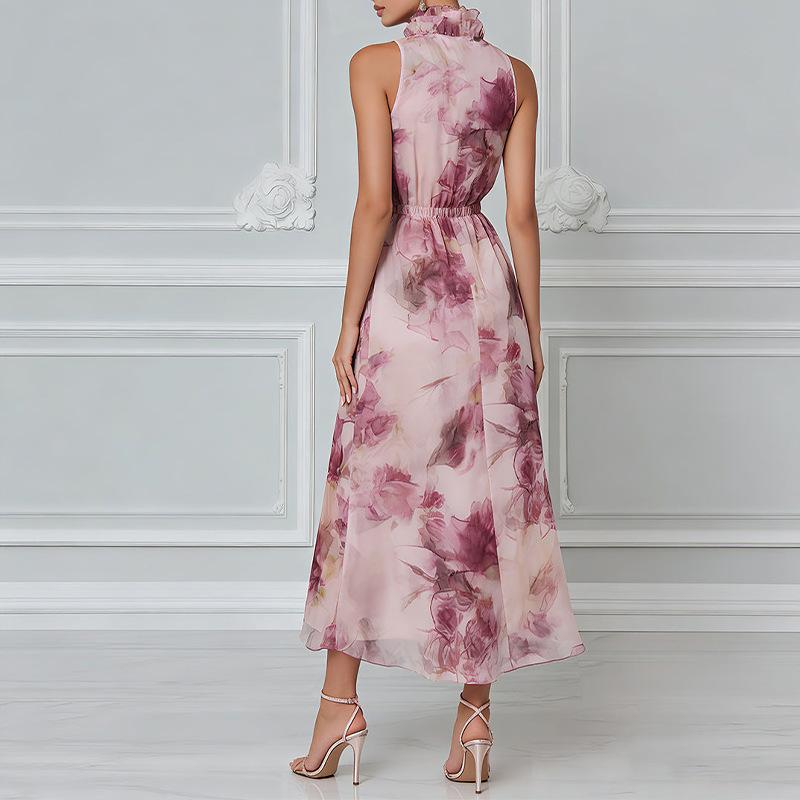 Spring New, Fashionable and Elegant Printed Wooden Ear Edge Sleeveless Dress