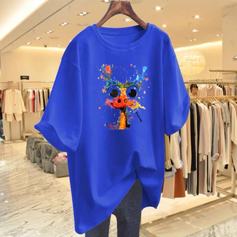 Women's Summer White Cotton Cartoon Print Short Sleeve T-Shirt