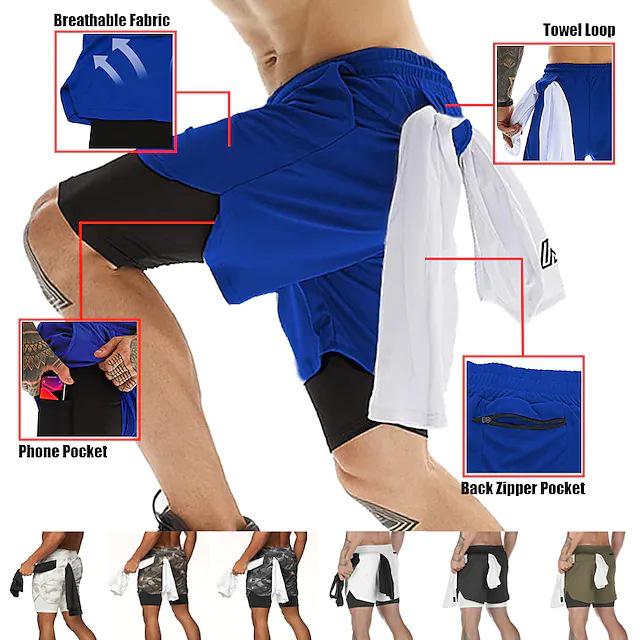Men's Double Layer Color Block Sports Shorts with Hang Towel - Breathable, Solid Color Fitness Running Shorts.