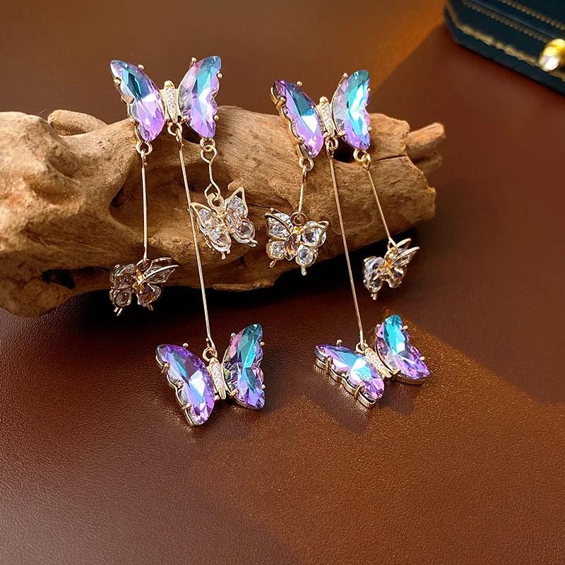 Zircon Butterfly Tassel Earrings for Women New Fashion Luxury Temperament Purple Drop Earrings Sparkle Party Jewely