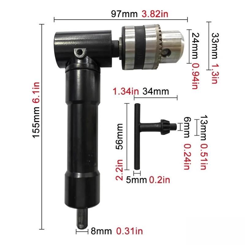 Aluminum Alloy Turning Tool Iron Chuck Adapter Narrow Space Drilling Tool 90 Degree Black Right Angle Electric Drill Corner Tool
