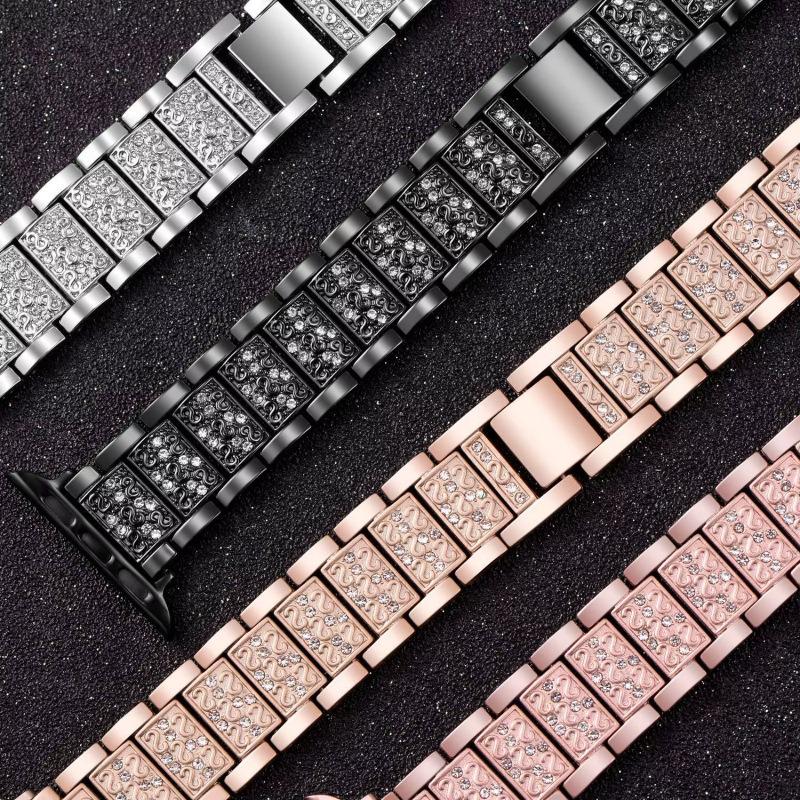 Compatible with Apple Watch 9/8/7: Luxury Women's Three-Bead Full Diamond Metal Strap