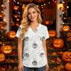 Damen V-Ausschnitt Kurzarm Kasack mit Taschen Halloween-Print Pflegekraft Uniform