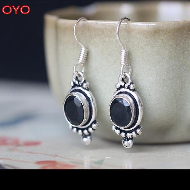 S925 Sterling Silver Indian Hand Inlaid Natural Black Agate Earrings