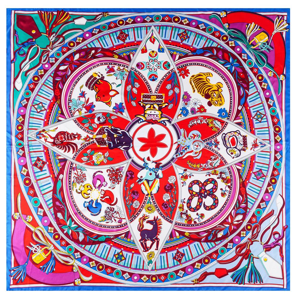 Silk Scarf Women Animals Print Stoles Square Scarves Wraps Large Bandana NecKerchief Lady Hijabs Female Silk Foulards 130CM