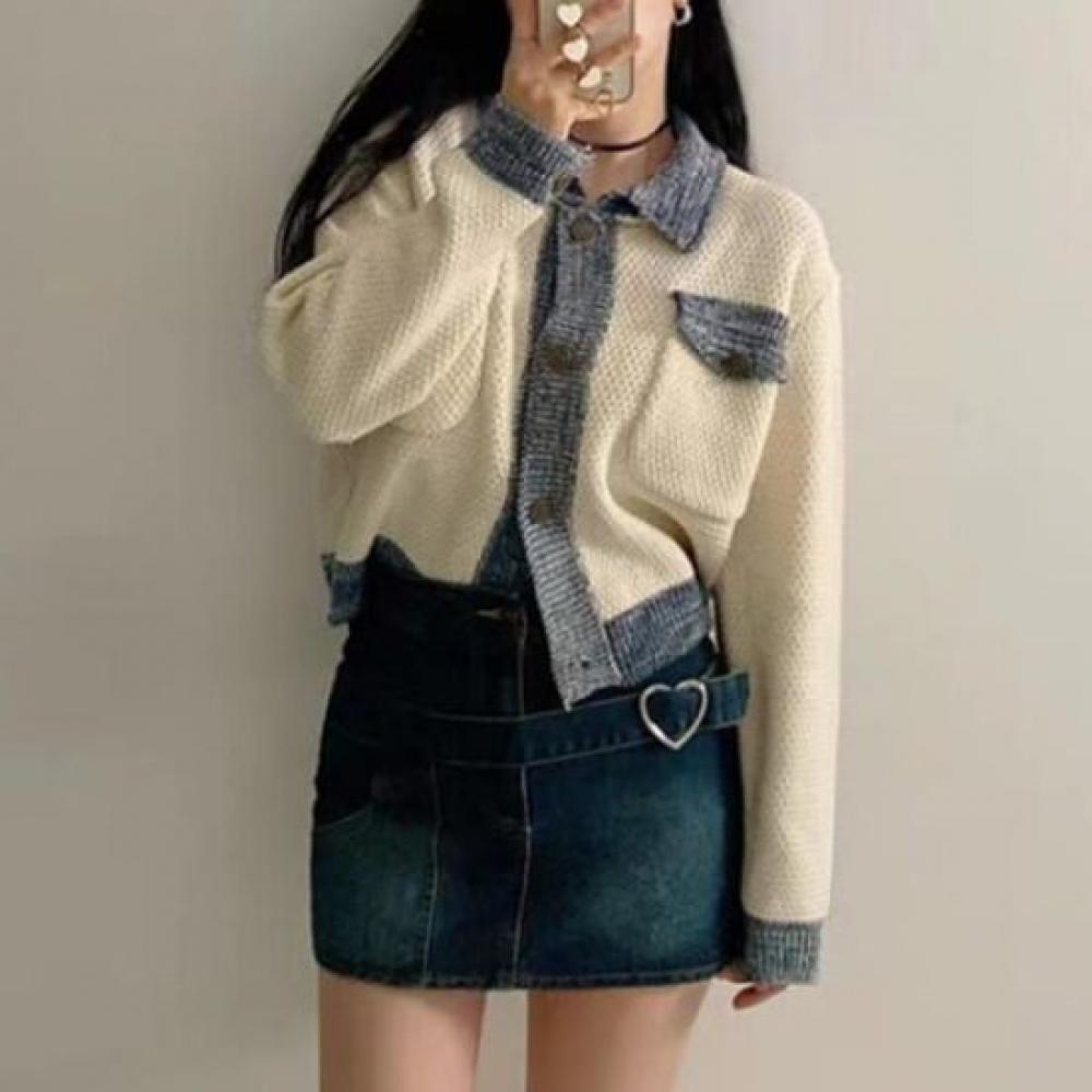 Navava Casual Color Block Cropped Long Sleeve Knit Cardigan Nk2852