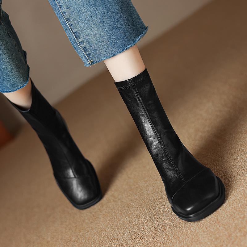 Krazing Pot Scarpe PU autunno inverno moda retrò tacchi spessi taglia 43 design europeo tenere al caldo stivaletti alla caviglia