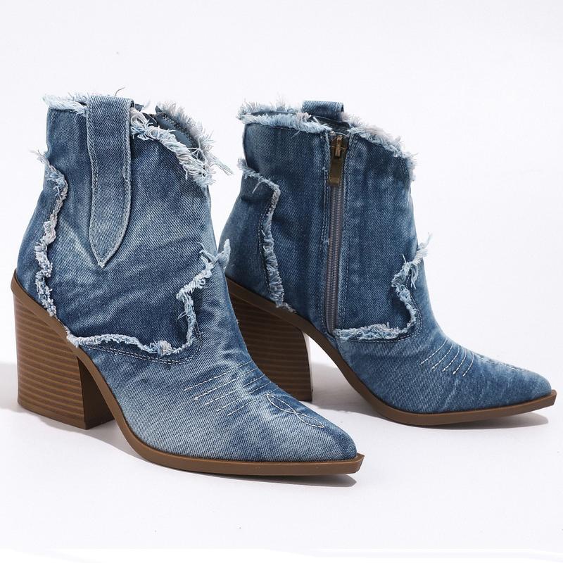 

Women Denim High Thick Heel Short Boots Pointed Toe Western Boots Side Zipper Ankle Boots for Office Nightclub Party Banquet Pub 36 синий