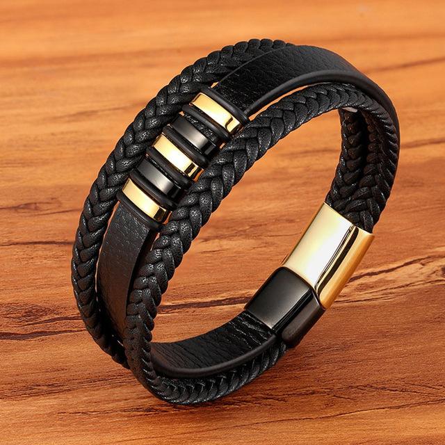 European And American Popular Stainless Steel Leather Bracelet Men's Multilayer Woven Leather Bracelet