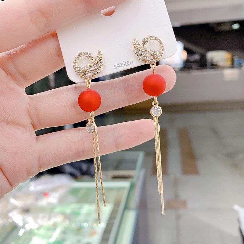 925 Silver Needle Korean Style Pearl & Rhinestone Tassel Wing Earrings