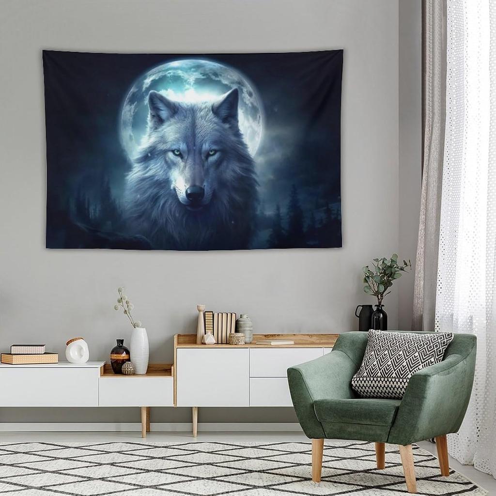 Mystic Wolf & Moon Tapestry,Night Forest with Glowing Full Moon & Gray Wolf Print,Wall Hanging for Dark & Nature Aesthetic Decor
