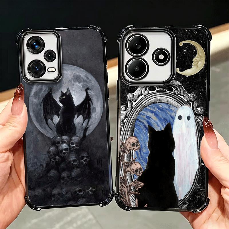 Black Cat Witch Aesthetics Plating Phone Case For Xiaomi Redmi Note 14 15 Pro Plus 13 12 11 11S 11T 10 9S 9 5G Anti-Fall Airabag