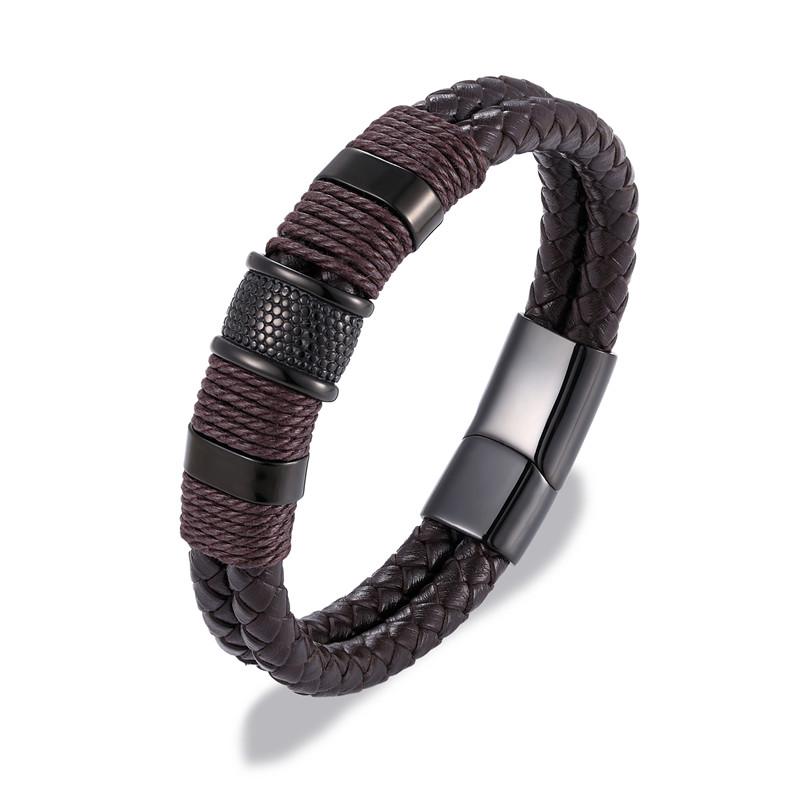 Punk Men Jewelry Black/Brown Braided Leather Bracelet Stainless Steel Magnetic Clasp Bangles 19/21/23cm