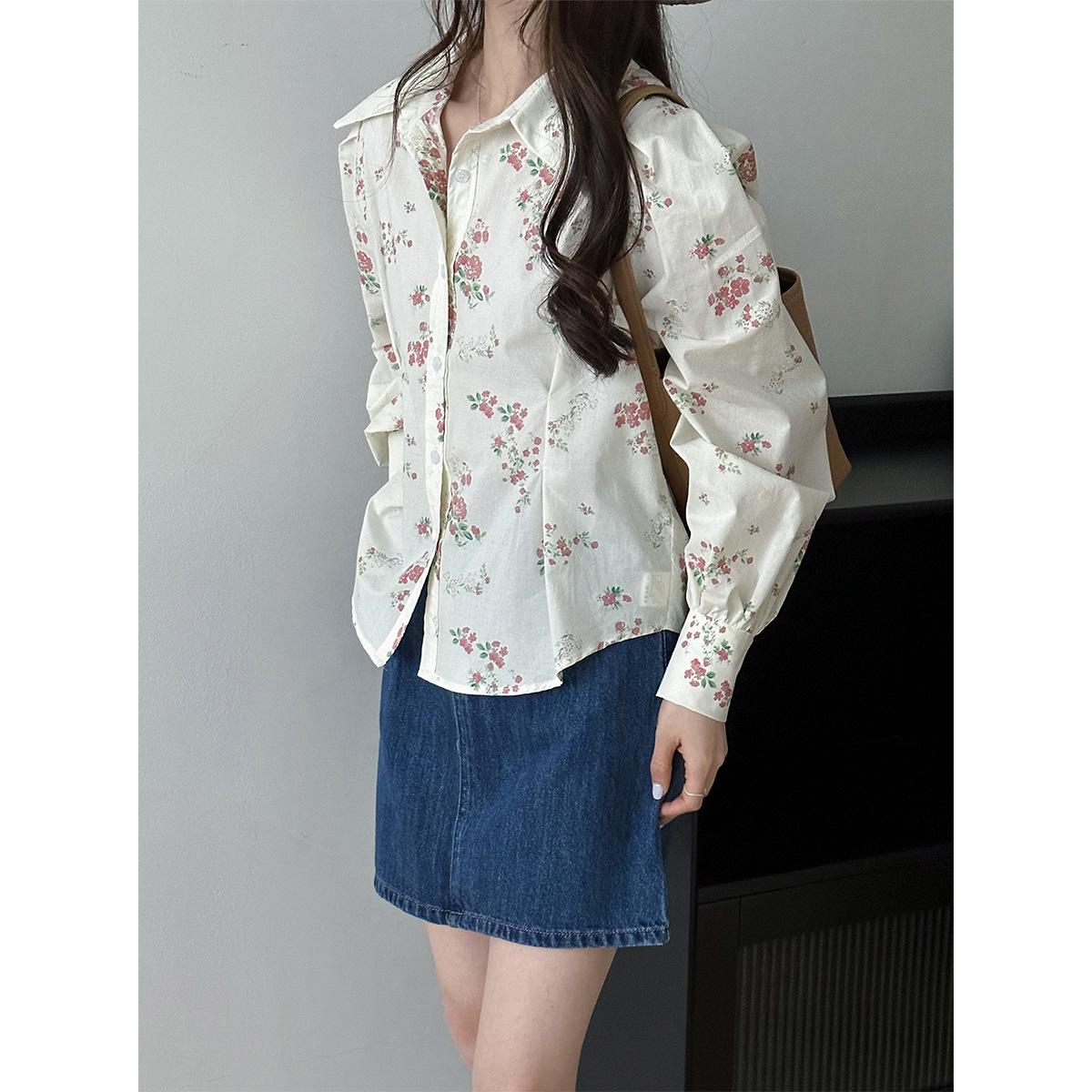 

Оранжевый Zhi Цветочный Похудение Пасторальный Корейский Воротник Поло Весна Длинный Рукав M цветочные печати