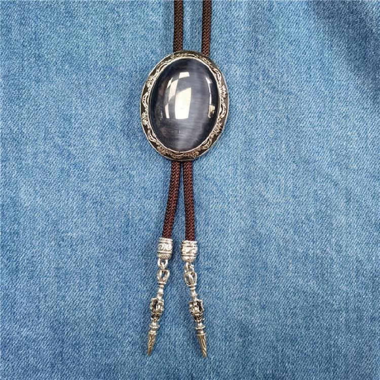 Vintage Oval Shape Stone Pendant Bolo Tie Western Braided Rope Adjustable Necktie Jewelry Shirt Collar Chain Necklace