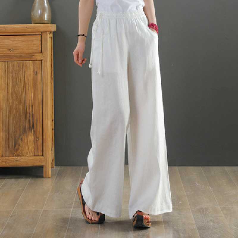 women s High Waist Linen Cotton Blend Wide Leg Pants Elastic Waist Loose Fit Casual Trousers S