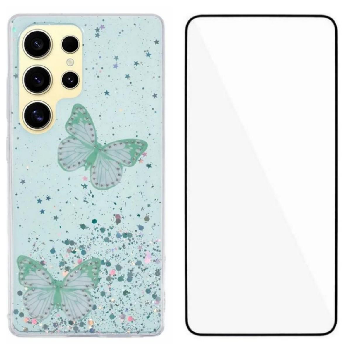 

For Samsung Galaxy S25 Ultra TPU Case WANLONFENG AW Series PVC Butterfly Epoxy Phone Cover with HD Film Green