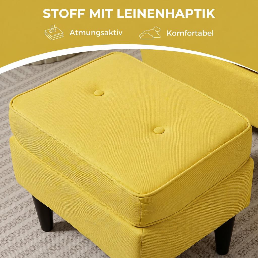 Wingback Chair with Footstool, Upholstered Armchair with Rubberwood Legs, Fabric Cover, Yellow