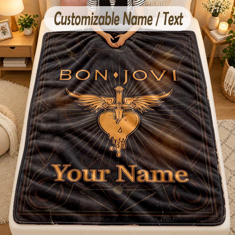 Flannel BlanketBon Jovi Custom Name Text Personalized Soft Warm Throw Blanket Home Decor Gift