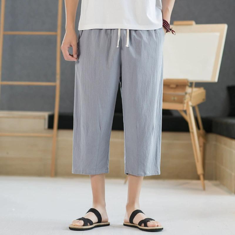 Shorts Men's Summer Outerwear Thin Cotton Straight Leg Knee High Mid Length Pants Trendy Loose Linen Casual Cropped Pants