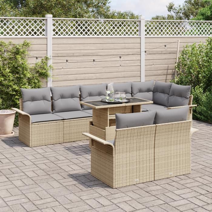 VidaXL Ensemble de Canapés de Jardin 9 pièces avec Coussins Beige Poly Rattan 3348306