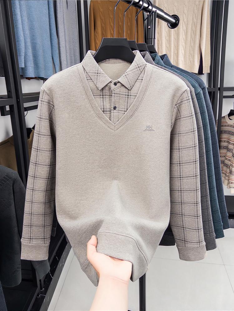 Men's Wool & Silk Two-Piece Look Sweater, Turn-Down Collar, Plus Velvet Lining, Warm Knitted Winter Wear for Dad